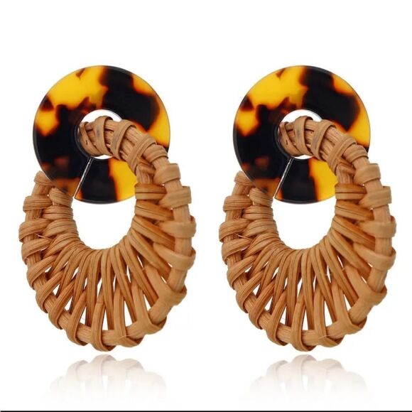 New Wicker/ rattan tortoise shell earrings - Picture 1 of 8